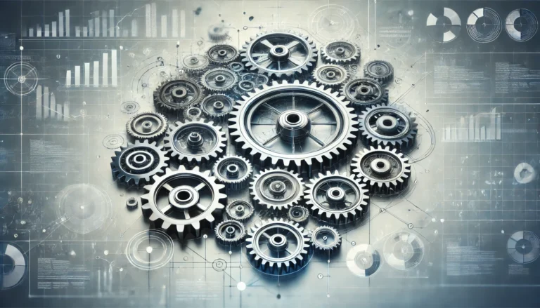 Network of interlocking gears representing interconnected business processes for optimizing efficiency and profitability