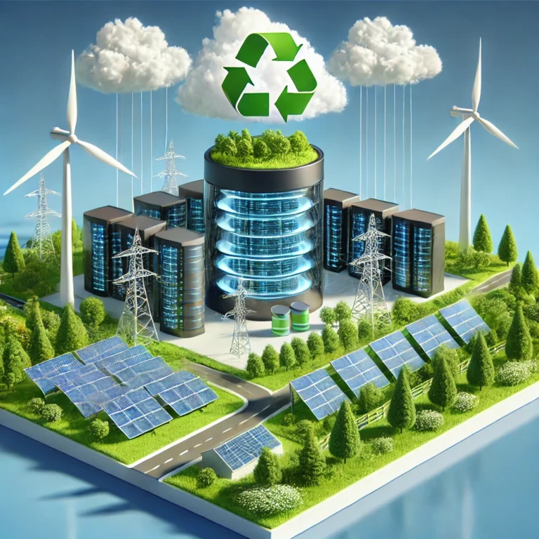 A sleek, futuristic data center surrounded by lush greenery, solar panels, and wind turbines, symbolizing the Sustainable SaaS solutions industry